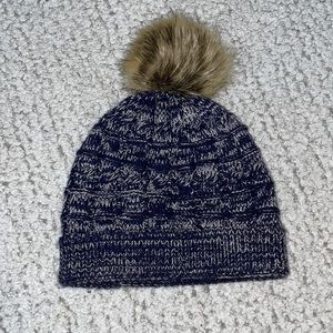 Marled Knit Fleece Lined Pom Pom Fur Hat